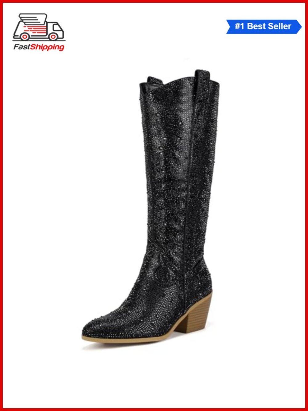 ✨ IDIFU Rhinestone Western Cowboy Knee High Boots Women Pointed Toe Block Heel